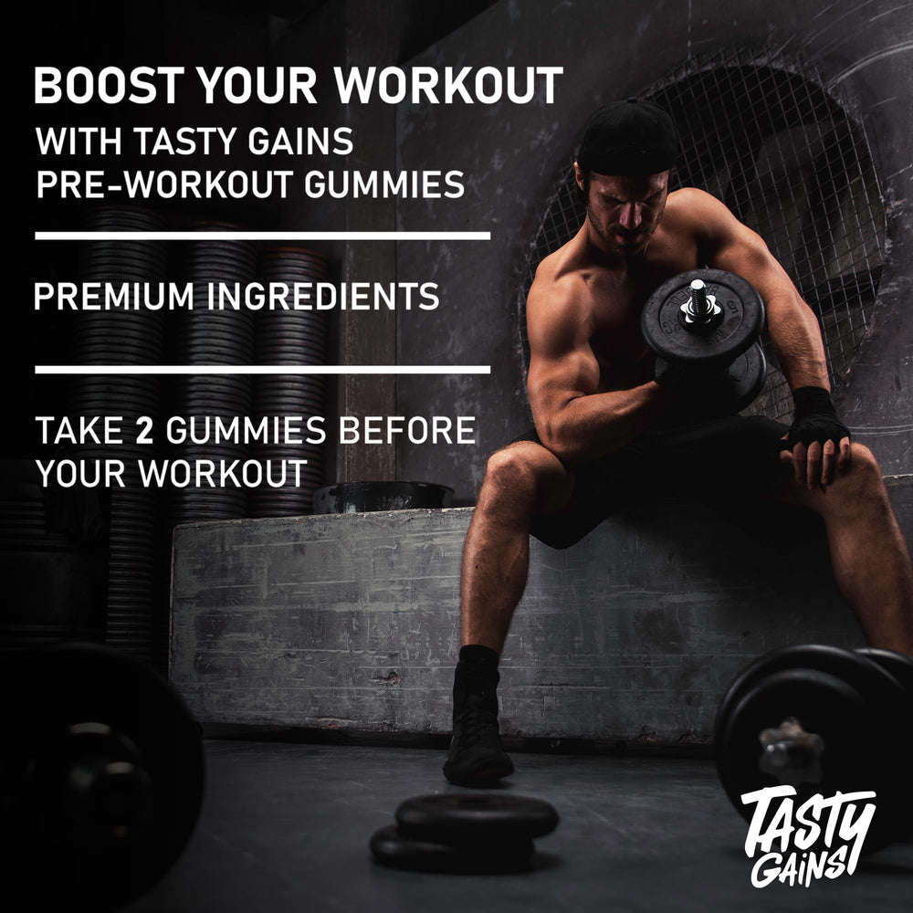 TASTY GAINS preworkout gummies vegan-glutenfree-badge emphasizes clean energy for workouts.