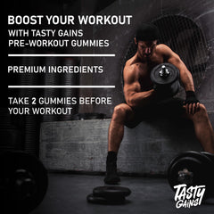 TASTY GAINS preworkout gummies vegan-glutenfree-badge emphasizes clean energy for workouts.