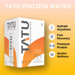 Pack of four TATU Protein Water bottles in orange mango flavor