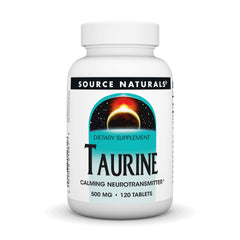 Bottle label for Source Naturals Taurine calming neurotransmitter 500 mg tablets