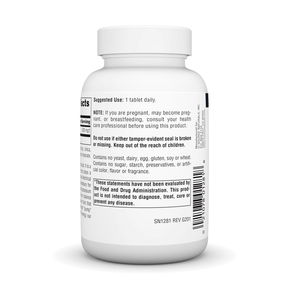 Ingredients panel on Source Naturals Taurine 500 mg calming neurotransmitter