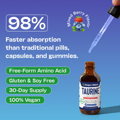 Label highlighting vegan and non-GMO certification on taurine bottle