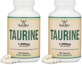 Taurine supplement bottle front view - 1000mg per serving, 180 capsules, pack of 2