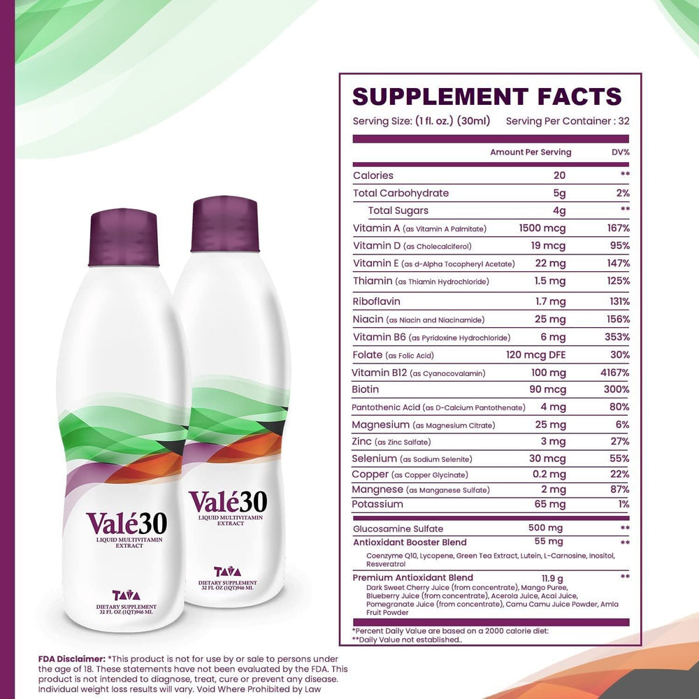 TAVA Valé30 32oz bottle back nutrition panel