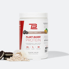 TB12 Cookies and Cream plant-based protein powder front label