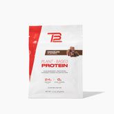 TB12 Chocolate Plant Based Protein Powder canister with 12-pack box