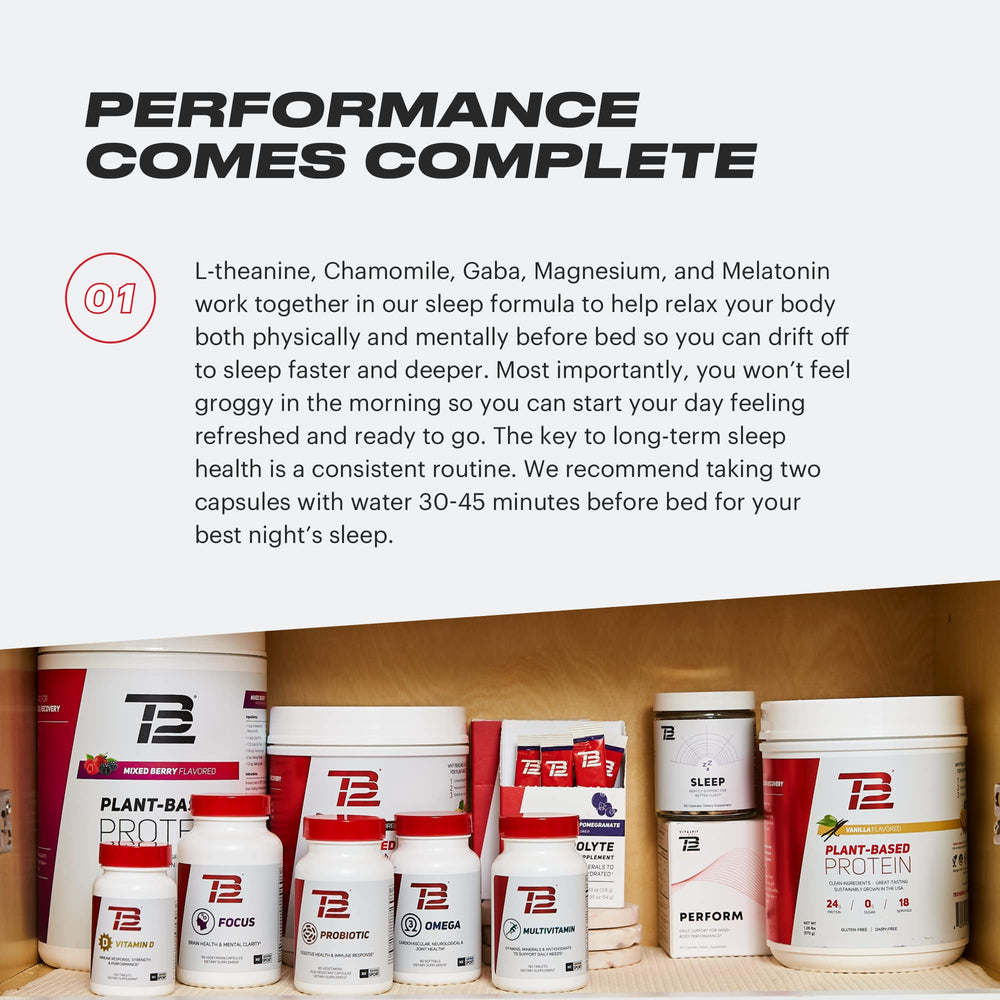 Graphic showing TB12 Sleep benefits: faster sleep onset, relaxation, improved sleep quality