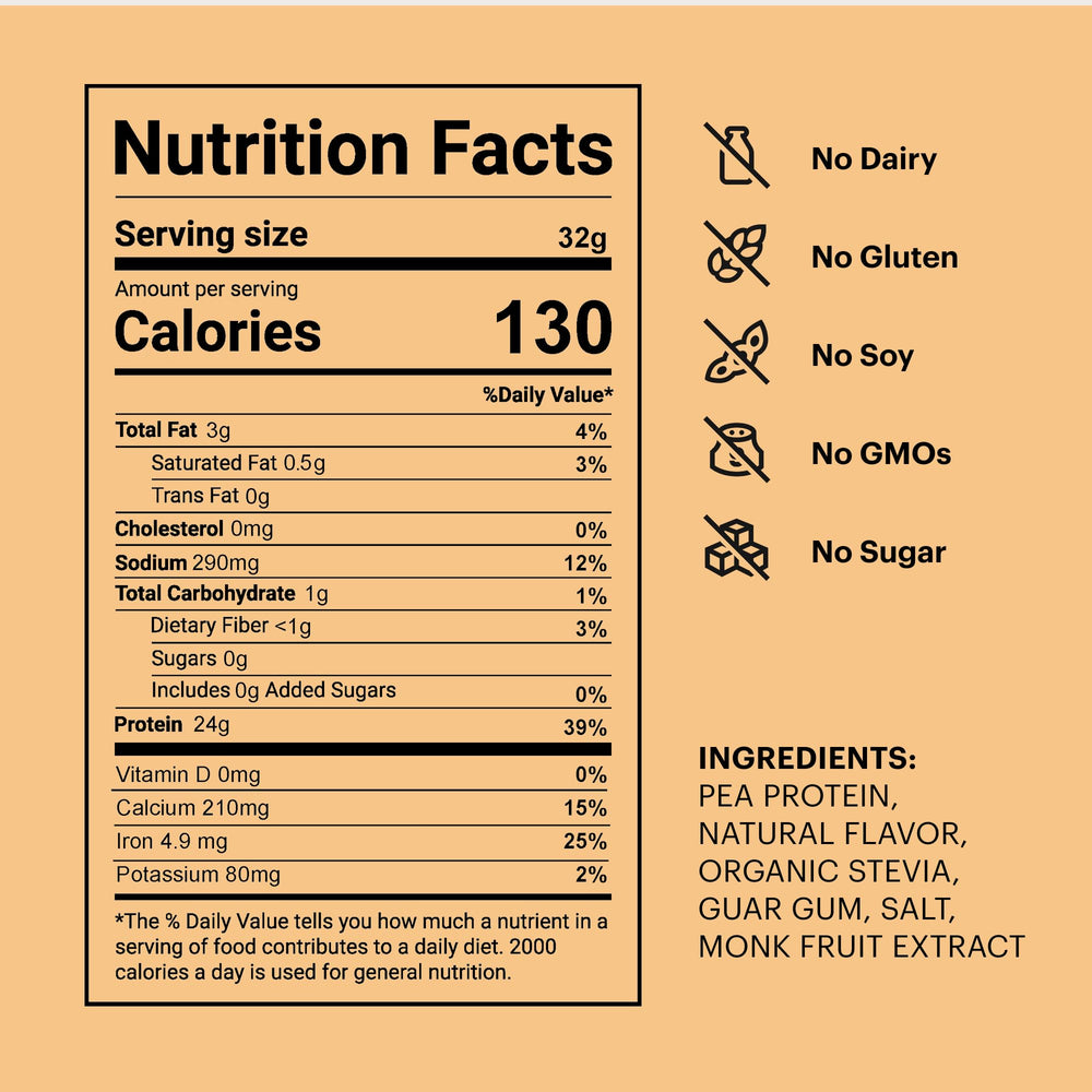 Nutrition label showing 24g vegan pea protein per serving
