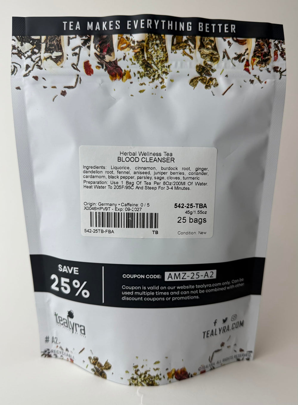 Product label with ingredients and health notes
