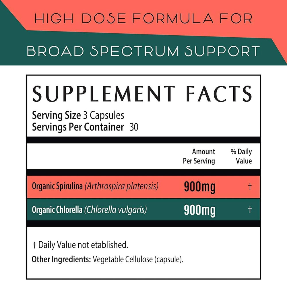 Organic spirulina and chlorella powder capsules in bottle