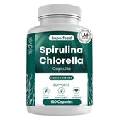 Bottle of Teaveli Organic Spirulina & Chlorella Capsules