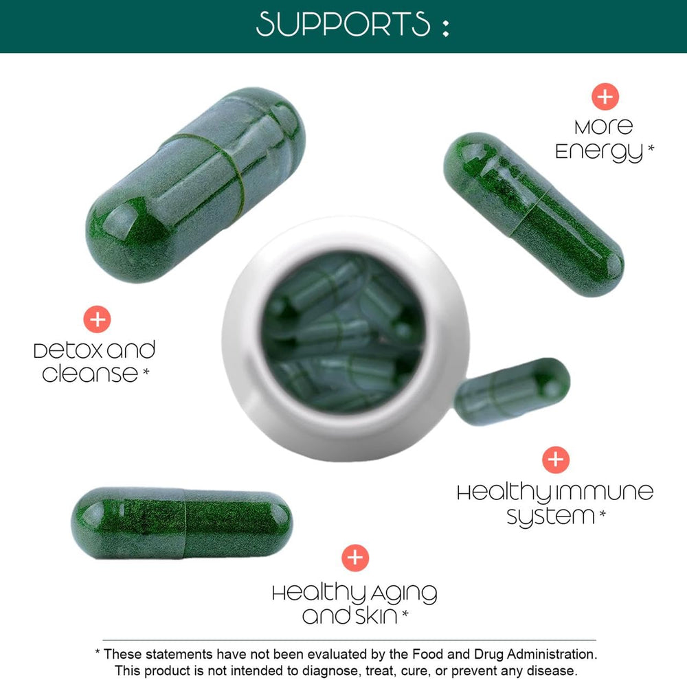 Side view of Teaveli spirulina and chlorella capsules