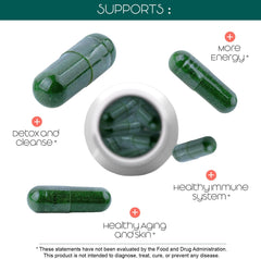 Side view of Teaveli spirulina and chlorella capsules