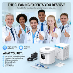 Cleaner in use with dentures, braces and jewelry being cleaned