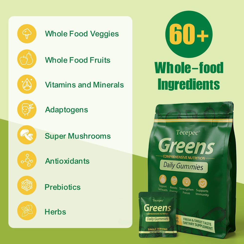 Close-up of Tecepec Greens Daily Gummies bottle