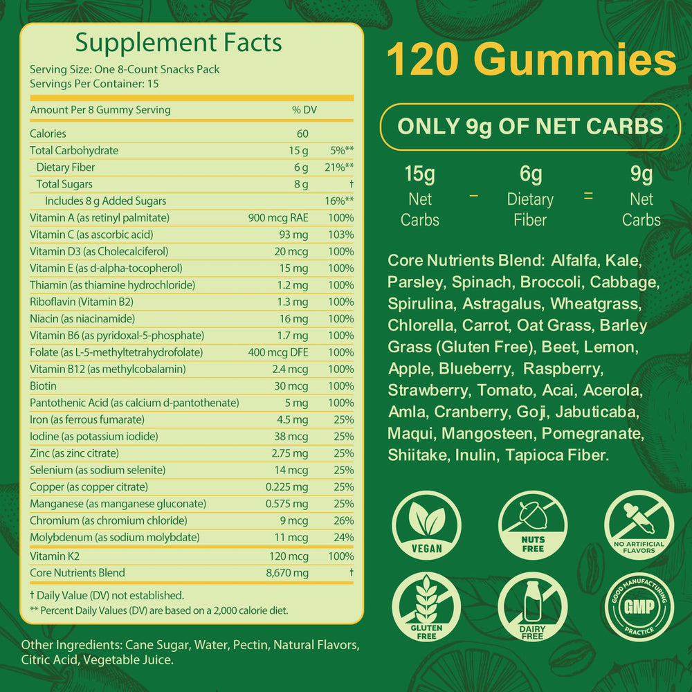 Ingredients overview showing spirulina, chlorella, prebiotics and fiber