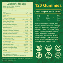 Ingredients overview showing spirulina, chlorella, prebiotics and fiber