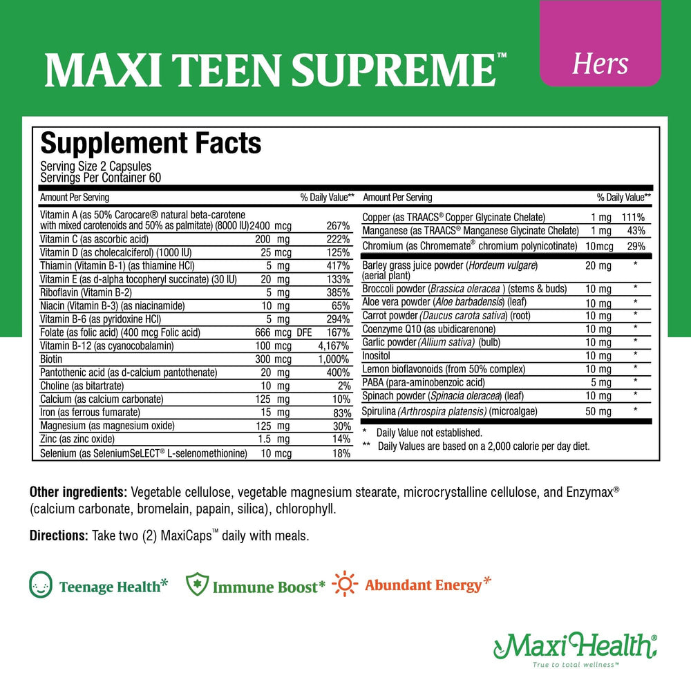 Nutrition label and ingredients on teen vitamins bottle