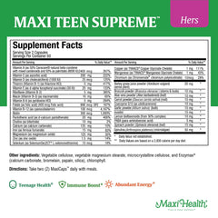 Nutrition label and ingredients on teen vitamins bottle