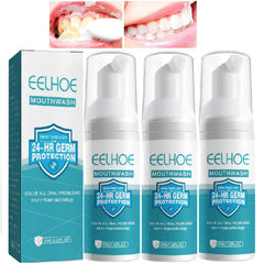 Three-pack Teeth Mouthwash Foam bottles on white background