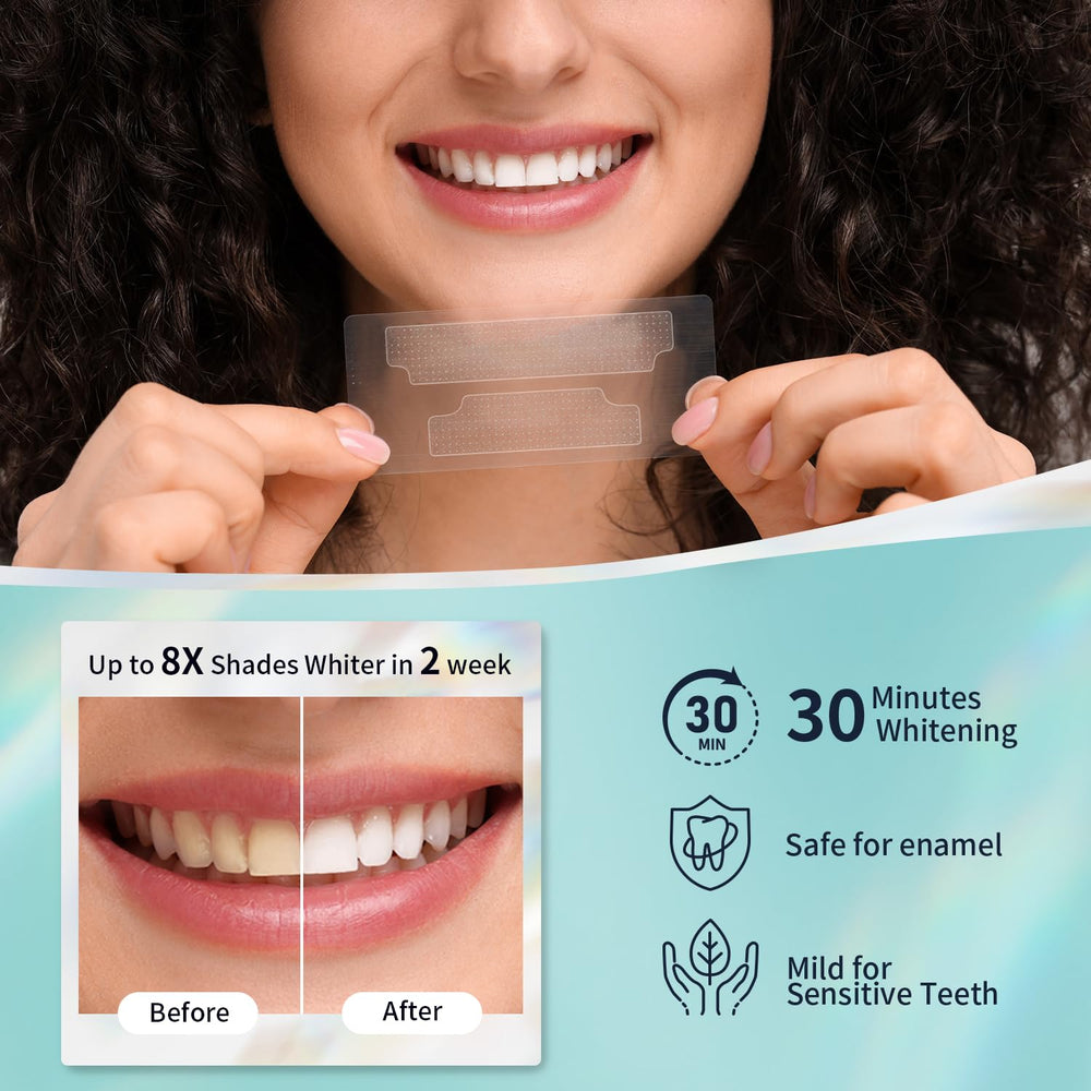 Close-up of whitening strips applying to teeth
