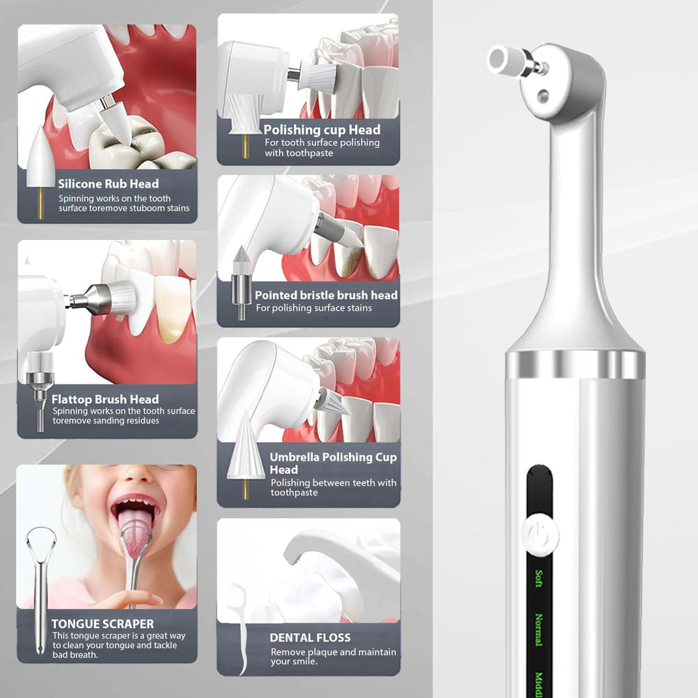 Five replacement brush heads including silicone rub and flat-top