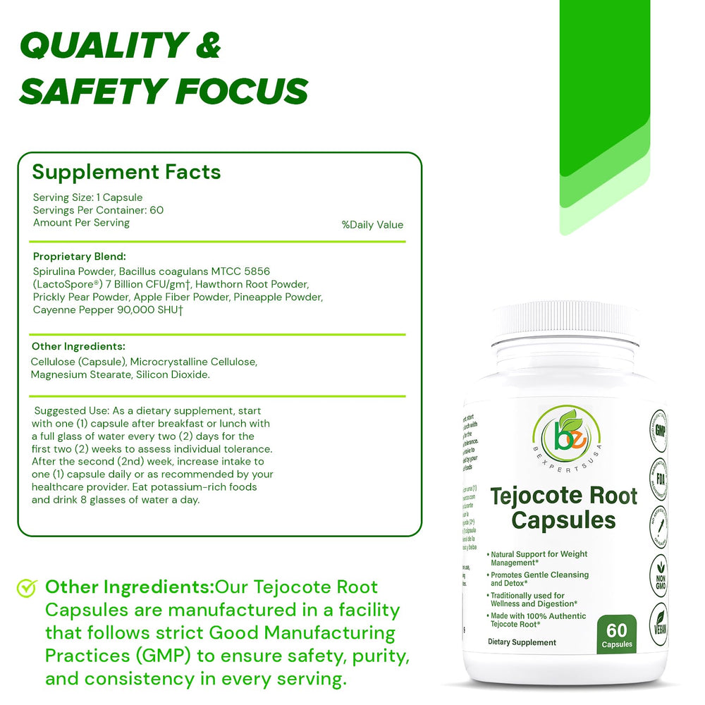 Brand packaging for BEXPERTSUSA Tejocote Root Capsules