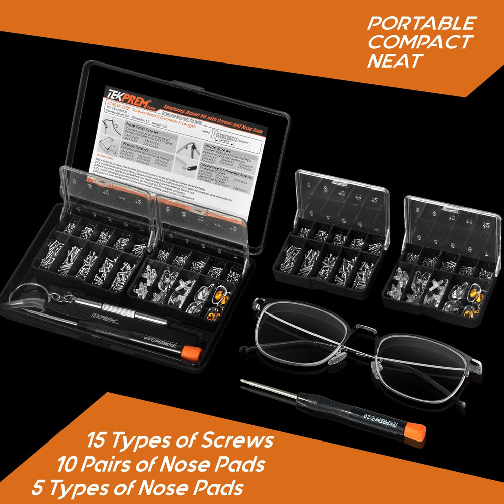 Screw compartments with eyeglass screws and nose pads