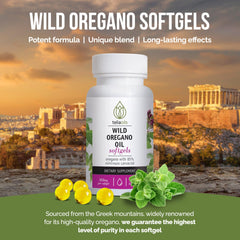 Close-up of Teliaoils oregano oil softgels showing 350 mg per capsule