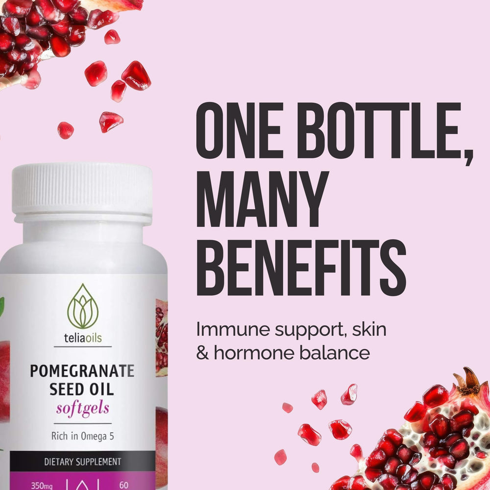 Close-up of Teliaoils pomegranate-linseed softgel capsules