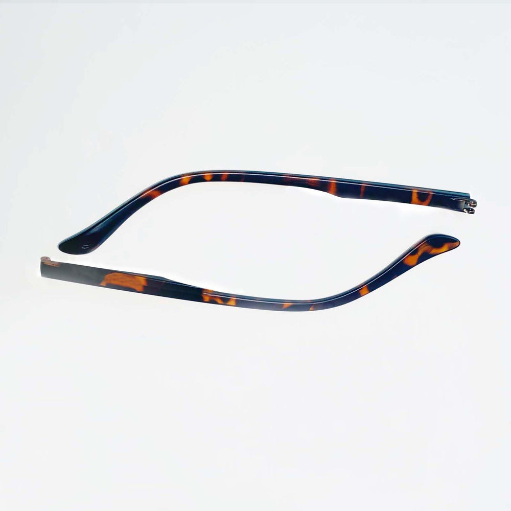 Close-up of TR90 temple arms in tortoiseshell color