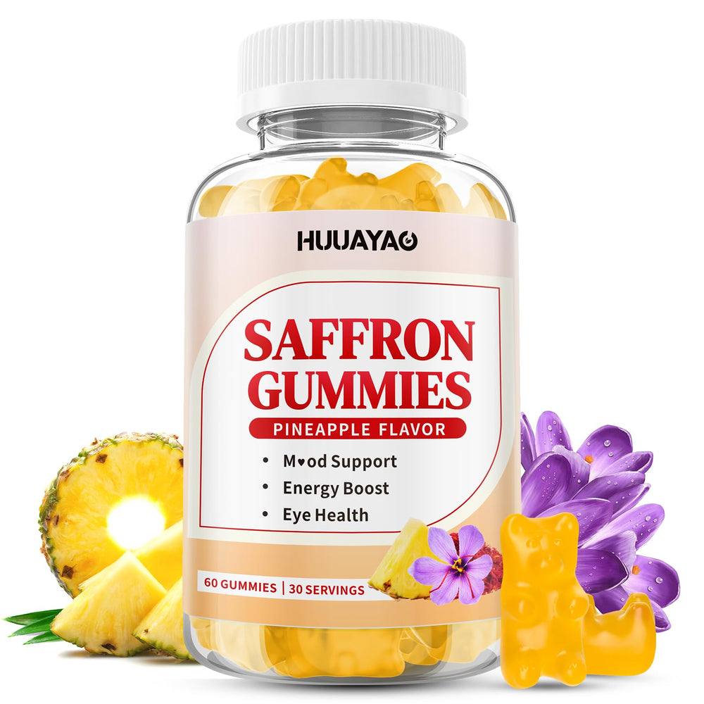Bottle of 10-in-1 Saffron Gummies Pineapple flavor 60-count