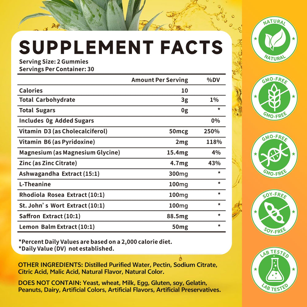 Close-up of saffron gummies showing pineapple flavor and texture