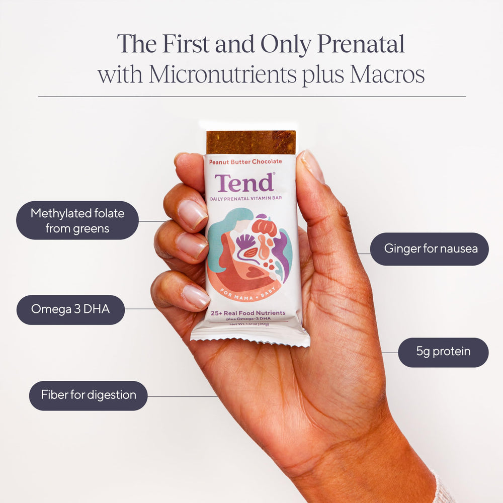 Close-up of organic ingredients used in Tend Daily Prenatal Bar
