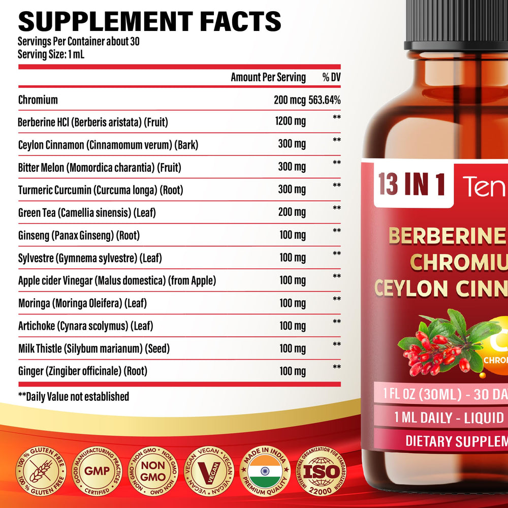 Side view of Tenmido 13in1 Berberine liquid drops bottle
