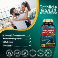 Tenmido testosterone booster capsules closeup highlights convenient daily use.