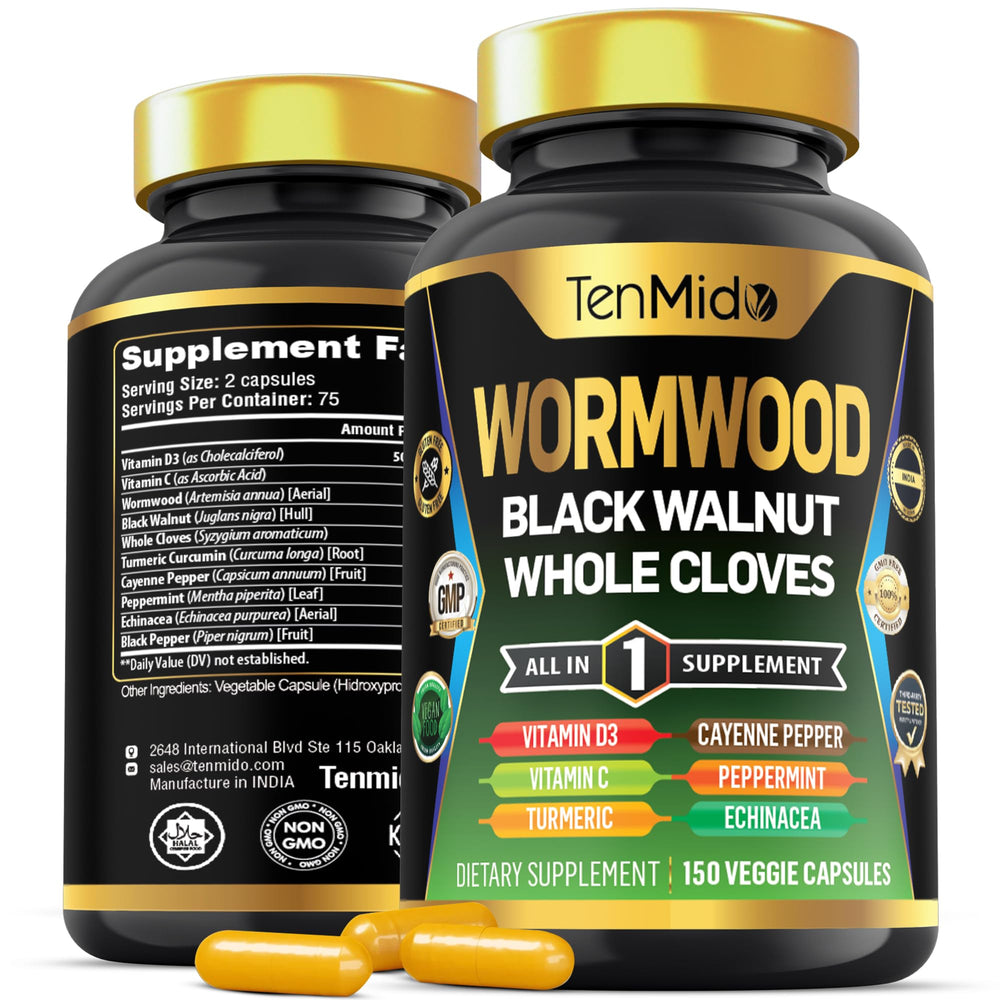 Front packshot of Tenmido Wormwood Capsules bottle