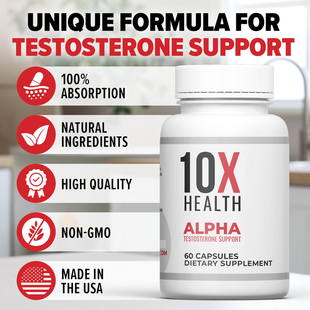 10X Health Alpha capsules in hand illustrate portable daily support for stamina.
