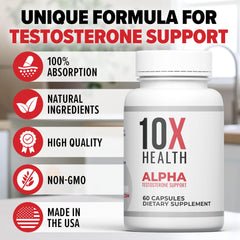 10X Health Alpha capsules in hand illustrate portable daily support for stamina.