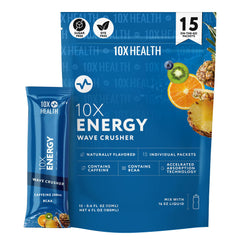 10X Health Energy Wave Crusher bottle pour with tropical energy for sustained focus.