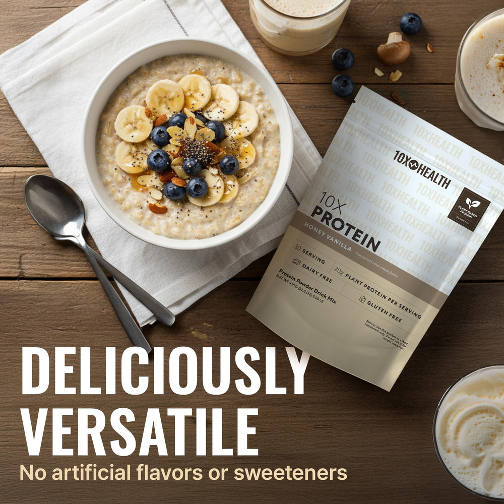 Ten X Health System vegan protein powder 30 servings label emphasizes value and convenience