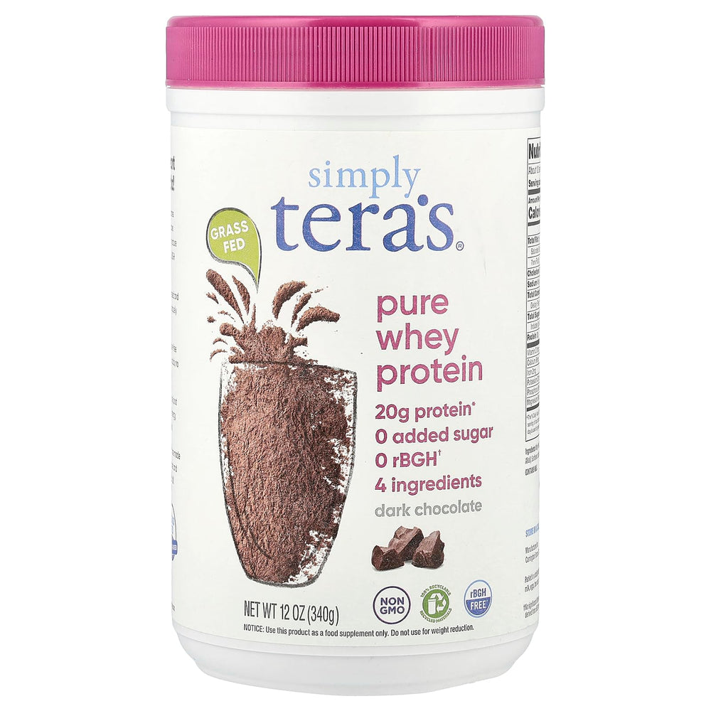 Tera's Whey tub closeup shows rBGH-free protein for post-workout recovery