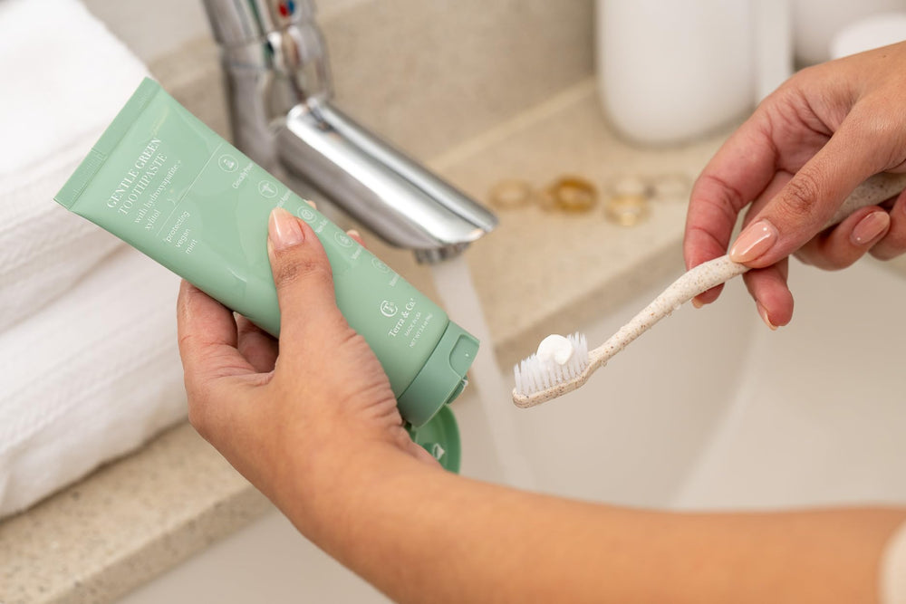 USA-made Terra & Co Gentle Green toothpaste packaging