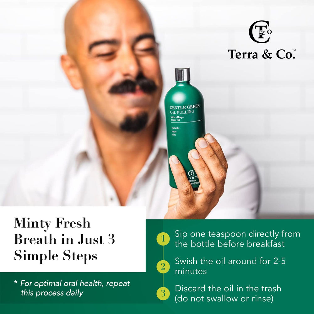 Graphic showing ingredients: neem oil, hemp oil, peppermint, matcha, prebiotics, nano-hydroxyapatite