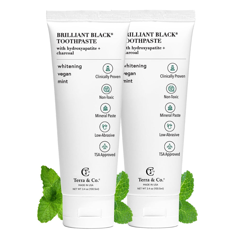 Terra & Co Brilliant Black toothpaste packaging with mint flavor, 3.4 oz