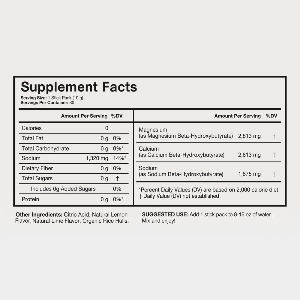 Terra Health Essentials Solusticks BHB ingredient-blend centers electrolytes for improved hydration during activities.