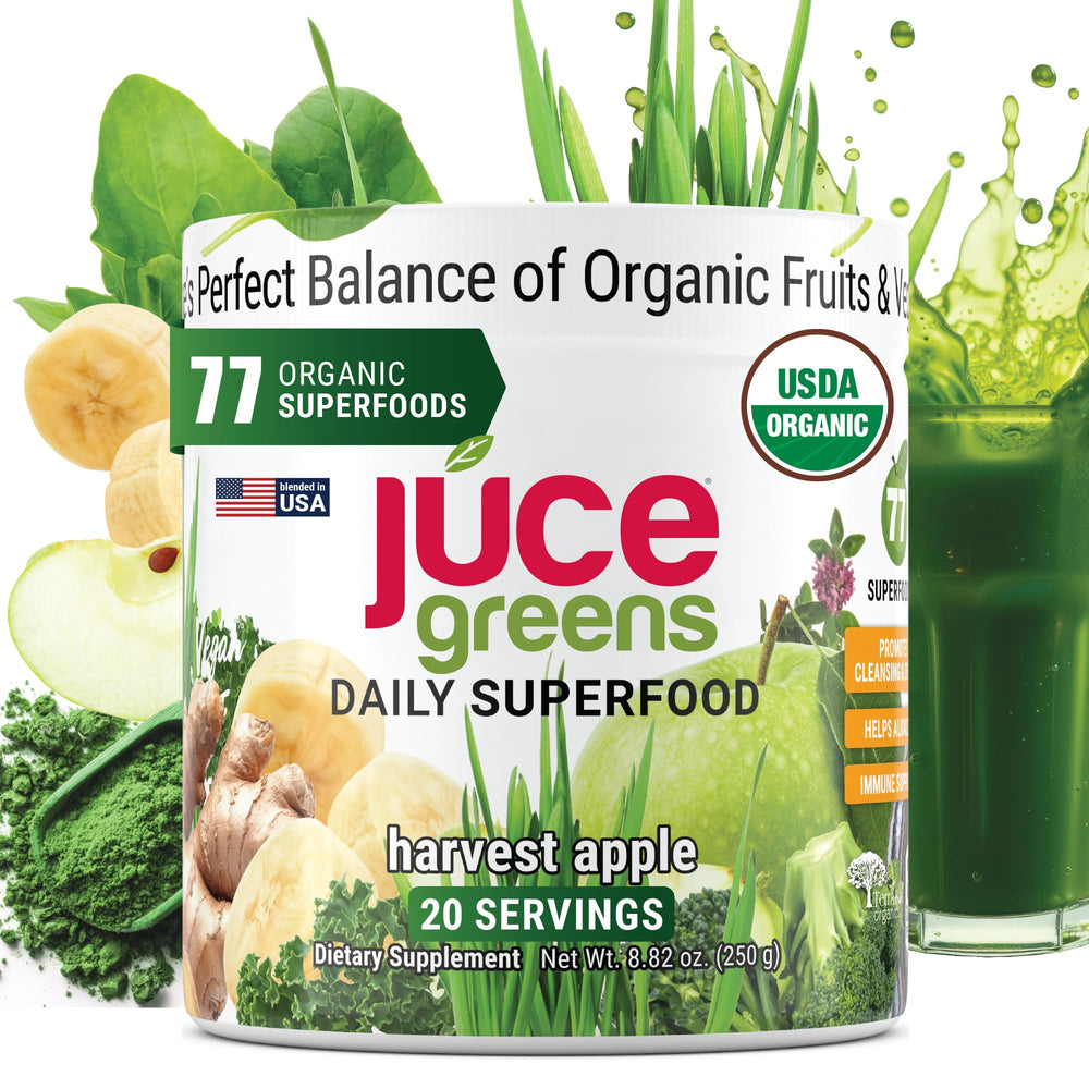 Front view of Terra Kai JUCE Green Superfood Powder with Harvest Apple flavor