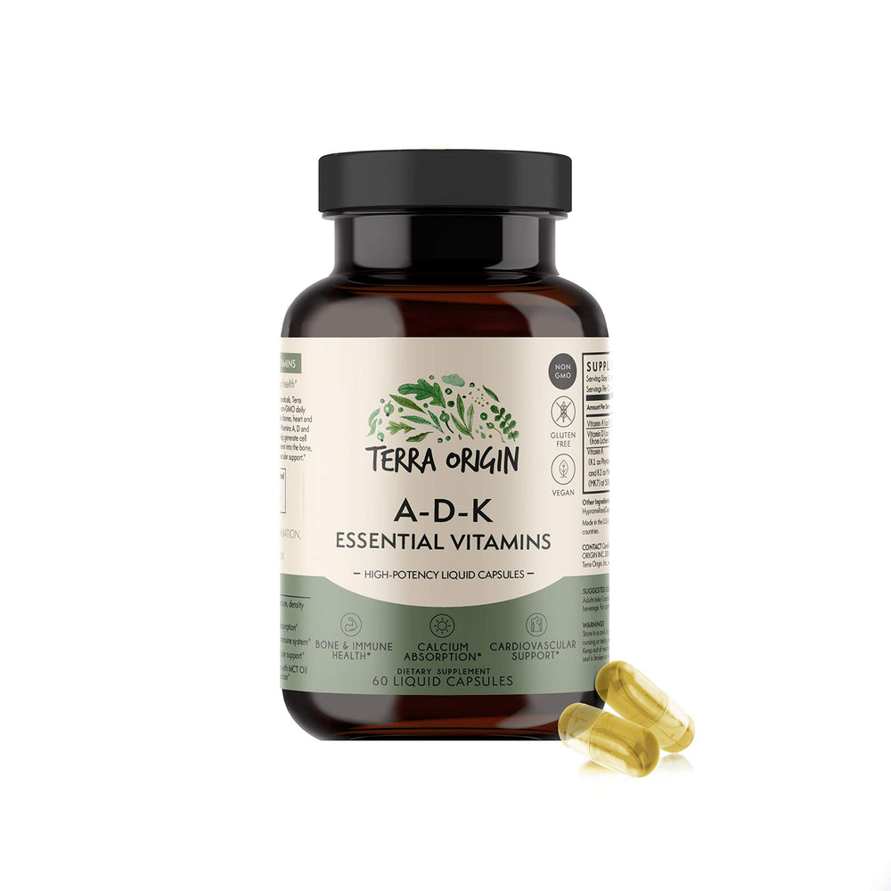 Terra Origin ADK essential vitamin supplement bottle front label