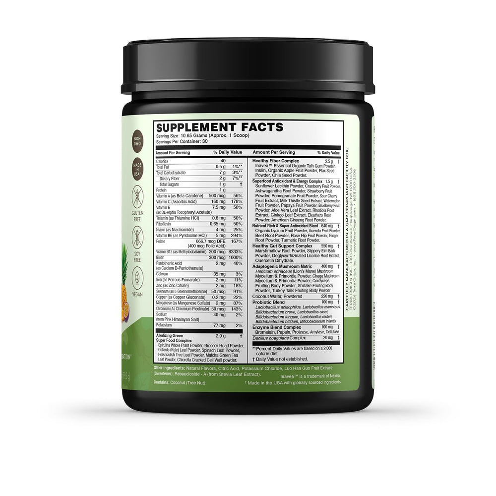 Serving suggestion with a glass of juice or smoothie containing greens powder