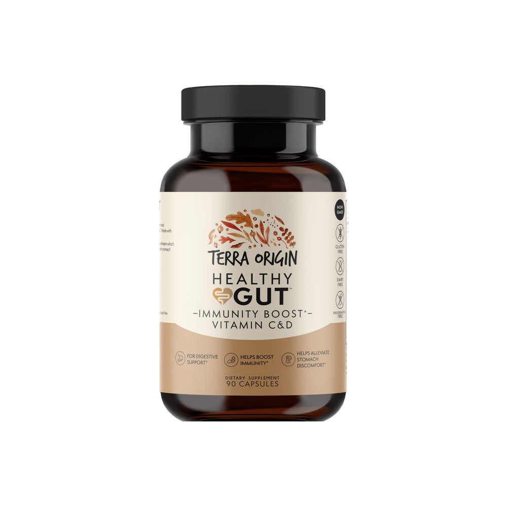 Healthy gut concept with capsules on white background